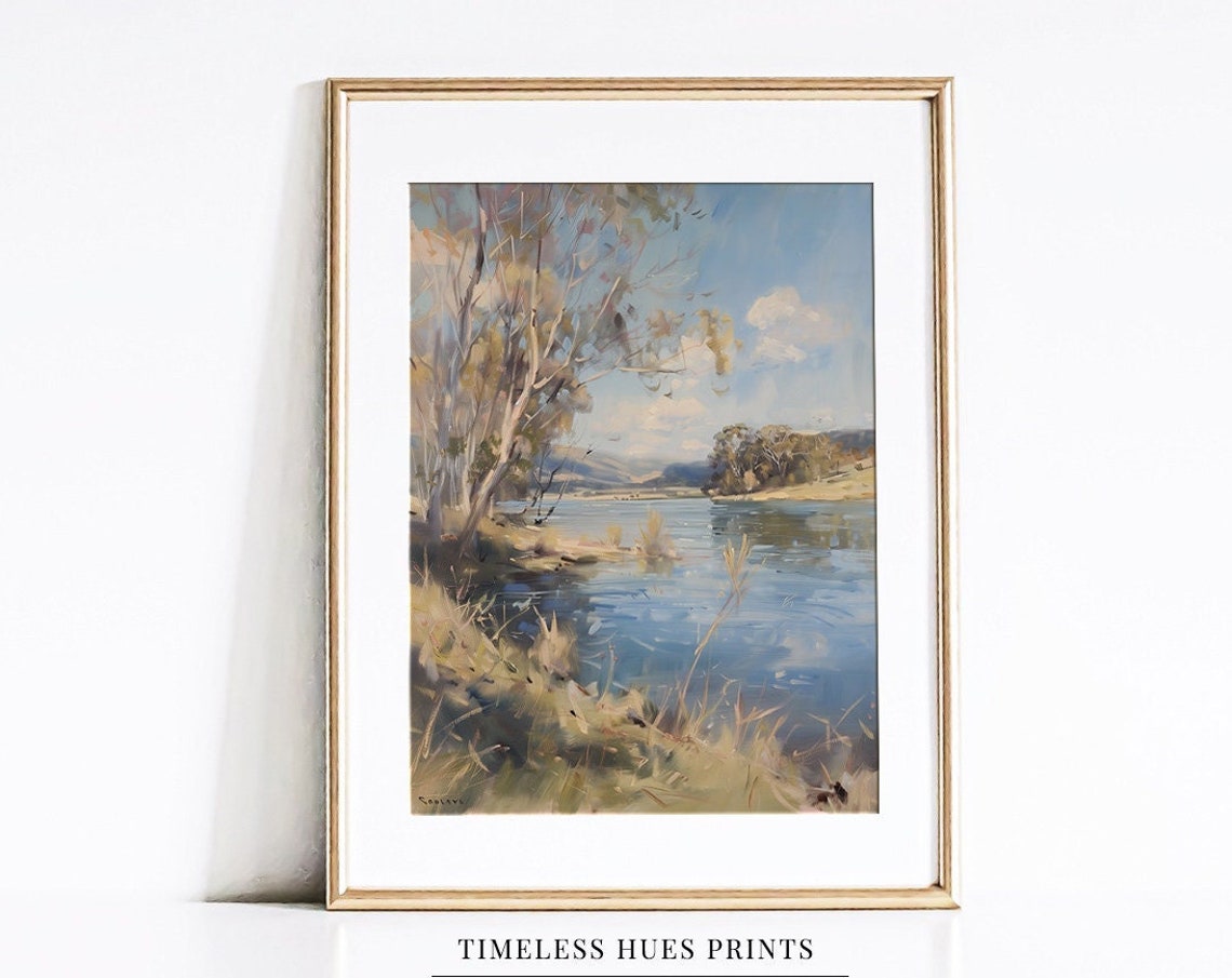 Silver Trees By A Mirror Calm Blue Lake In A Watercolor Poster