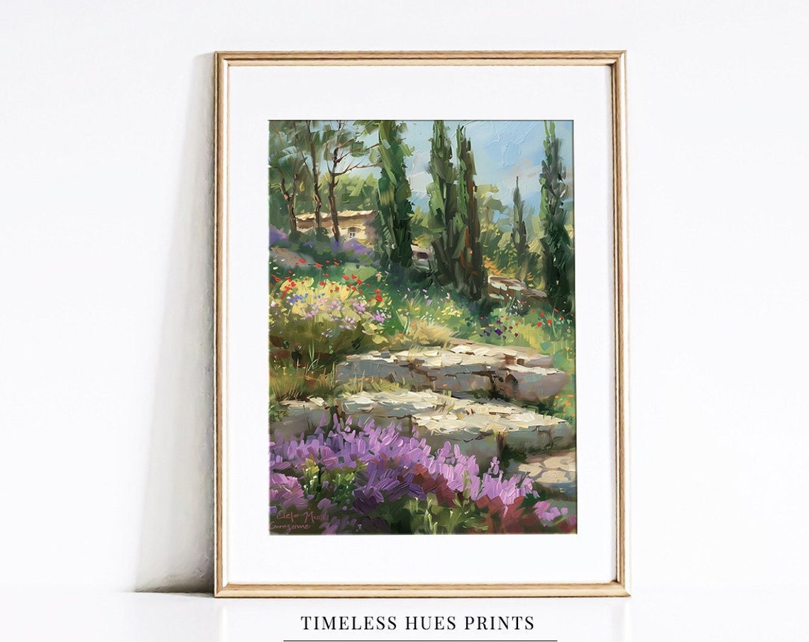 Tuscan Garden Lavender Blooms Stone Steps Cypress Trees Poster