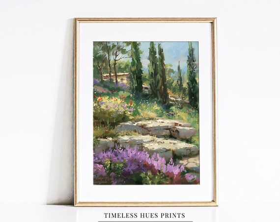 Tuscan Garden Lavender Blooms Stone Steps Cypress Trees Poster