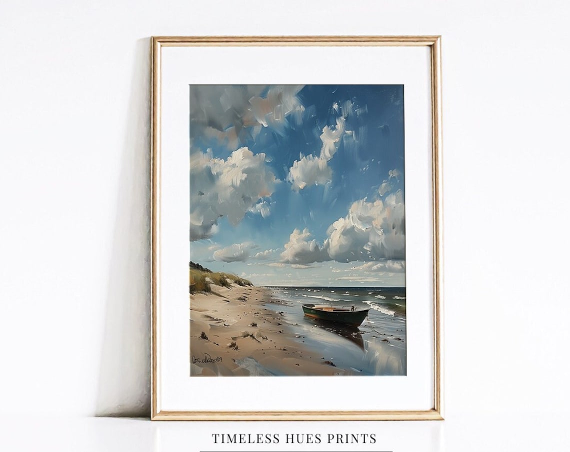 Sandy Beach Rowboat Under Big Clouds Vintage Coastal Painting Poster