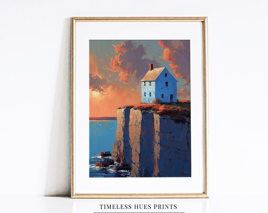 Lonely White House on Ocean Cliff Dramatic Sunset Oil Poster