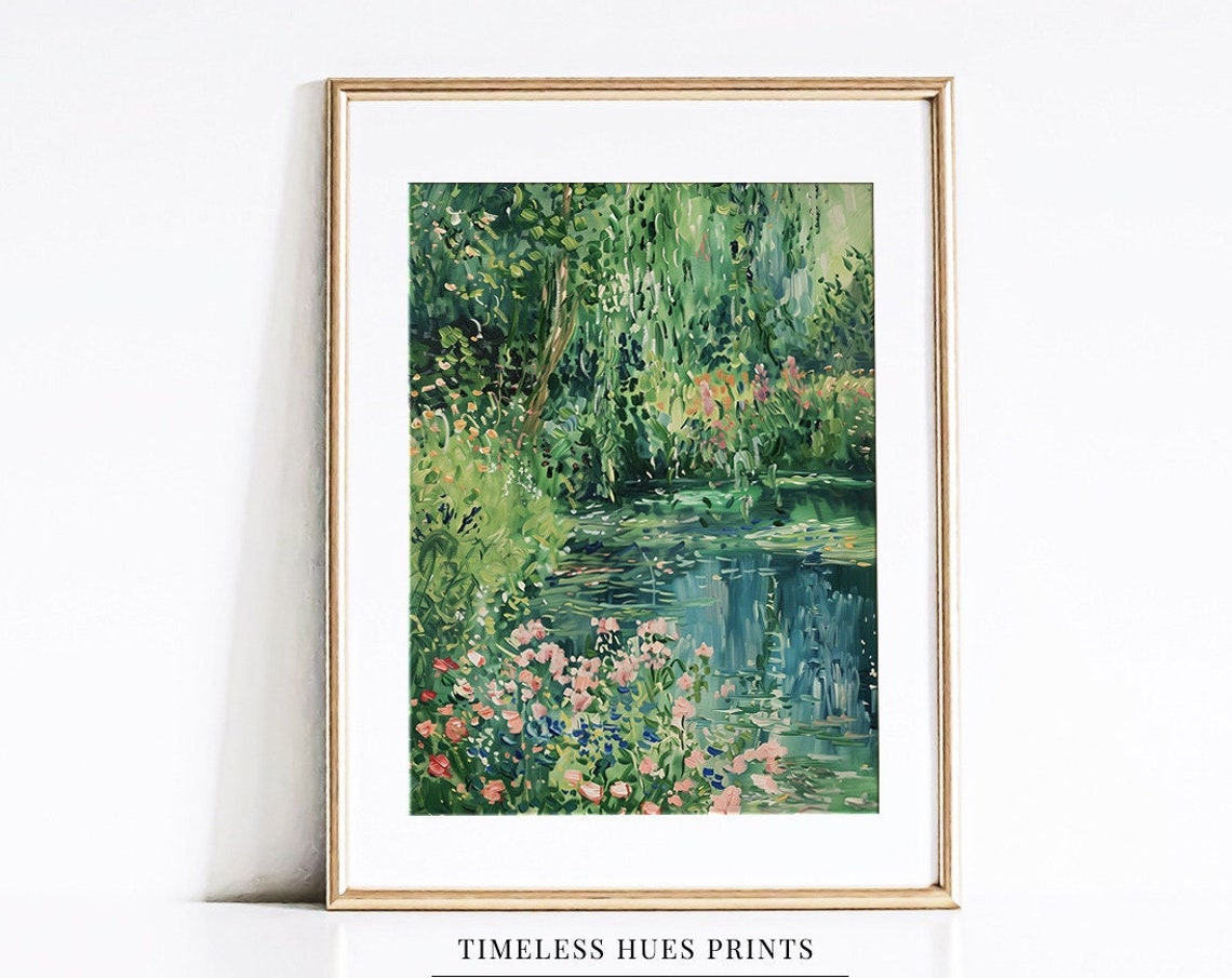 Lush Garden Pond Willow Trees Impressionist Floral Bloom Poster
