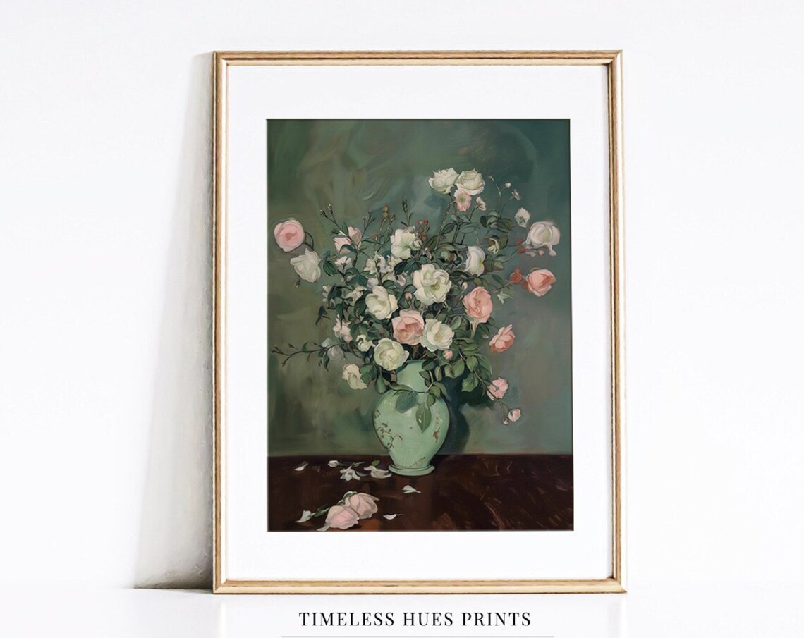 White Pink Rose Bouquet Still Life Vintage Floral Painting Poster