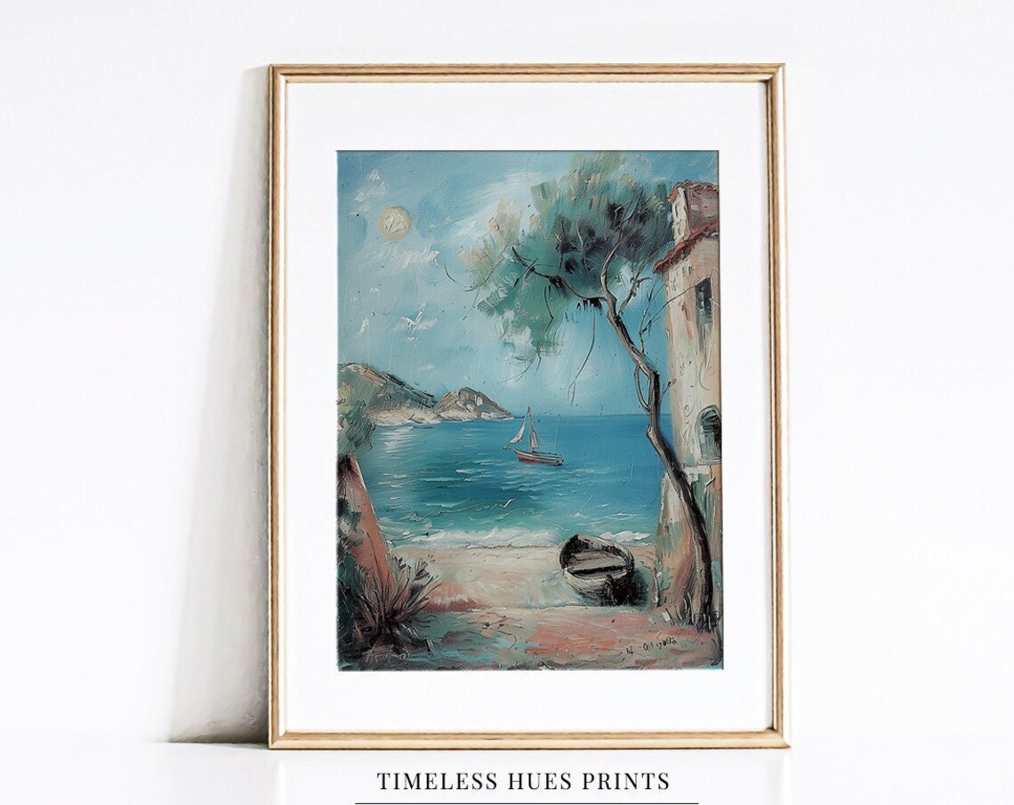 Mediterranean Coast with Sailboat Rowboat and Stone Building Sea Poster
