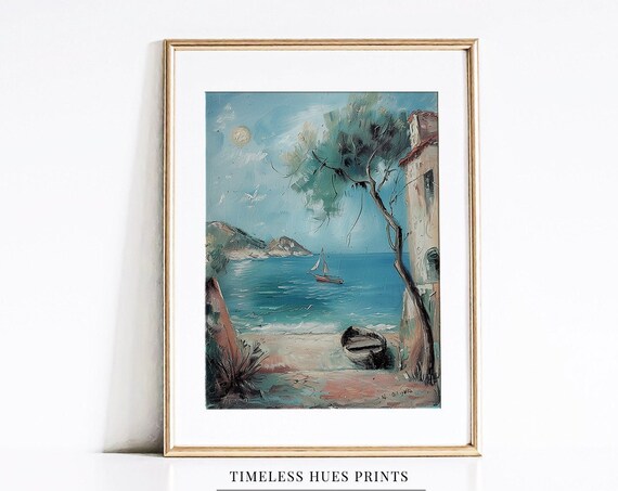 Mediterranean Coast with Sailboat Rowboat and Stone Building Sea Poster