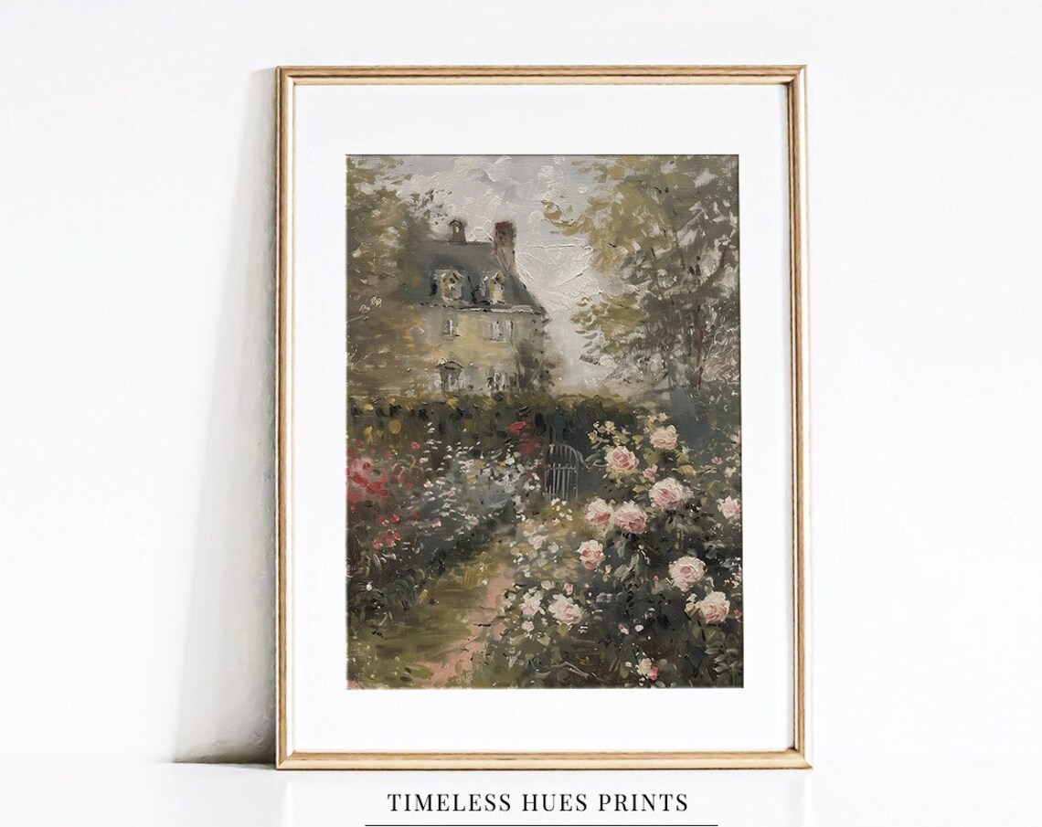 Moody Flower Garden Cottage Painting, Vintage Floral