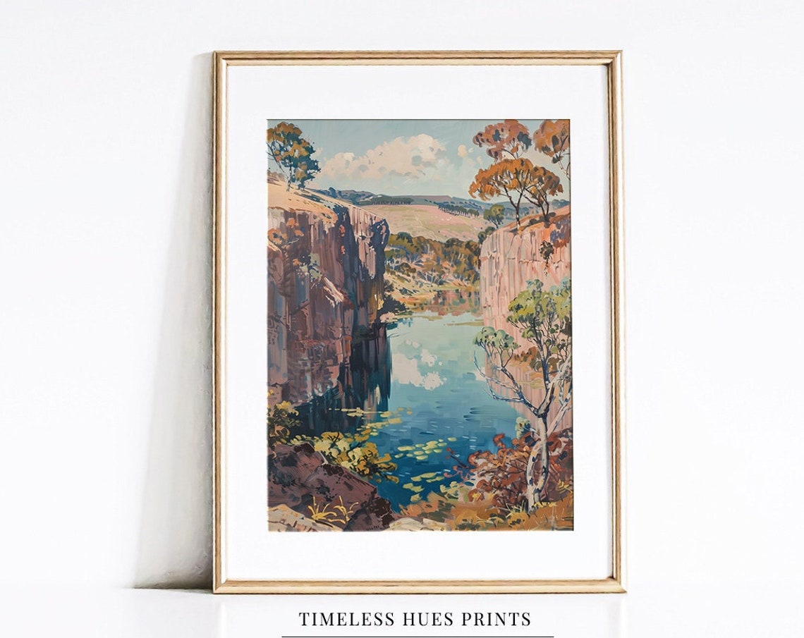 Vintage River Canyon Cliffs Autumn Valley Landscape Oil Poster