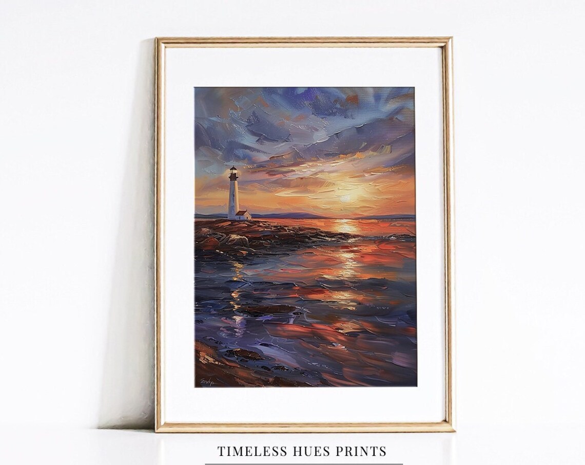 Lighthouse at Sunset Oil Painting Rocky Coast Seascape Poster