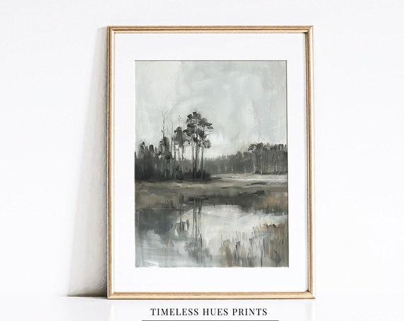 Misty Lake Painting Vintage Landscape Painting Moody Black And White Painting Lakeside Painting A 1 303