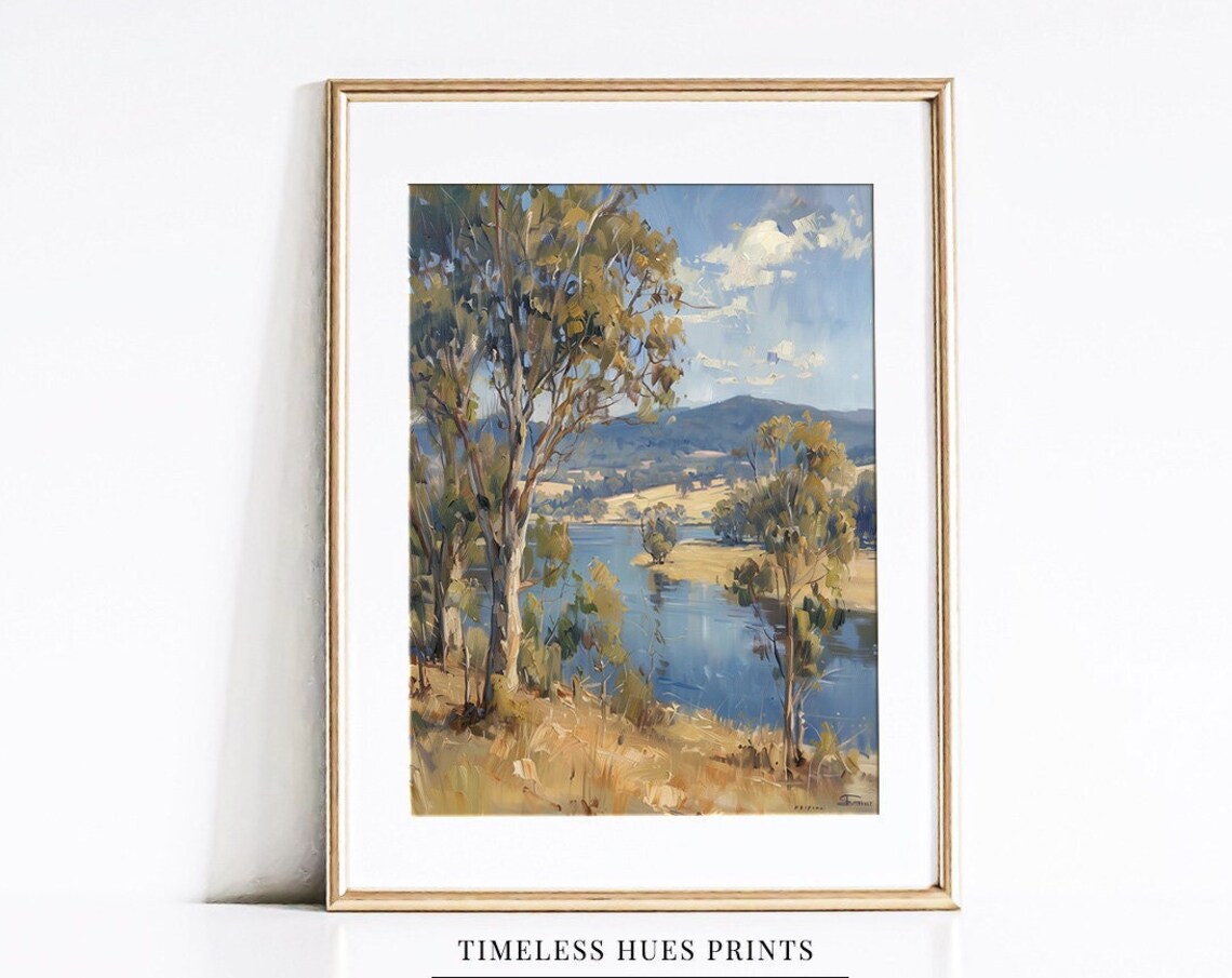 Blue River Valley With Golden Trees Lake Watercolor Rustic Landscape Art Poster