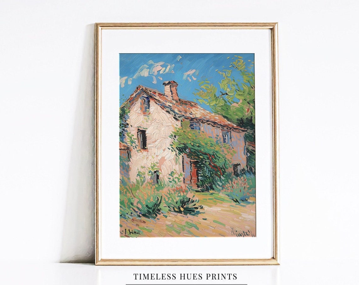 Sunlit Stone Farmhouse Blue Sky Bold Impressionist Cottage Poster