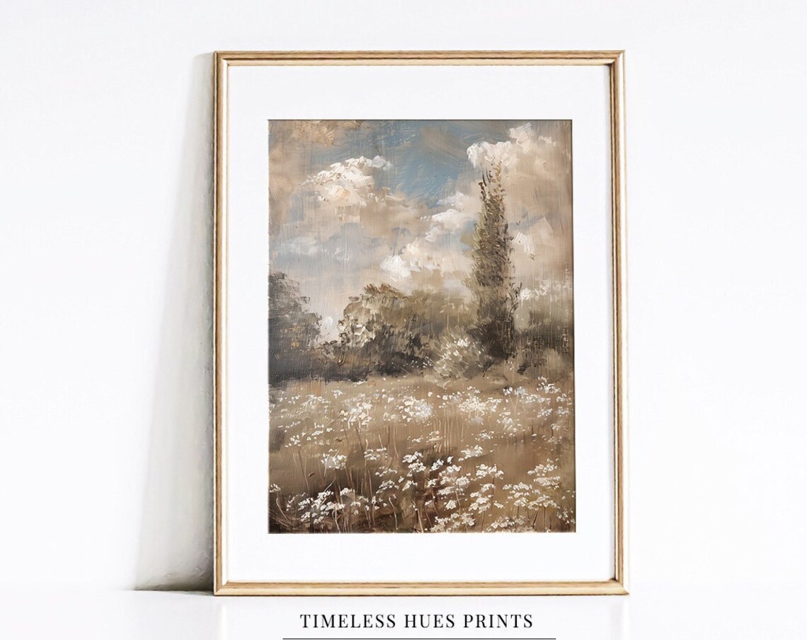 Sepia Meadow White Wildflowers Cloudy Sky Neutral Oil Poster