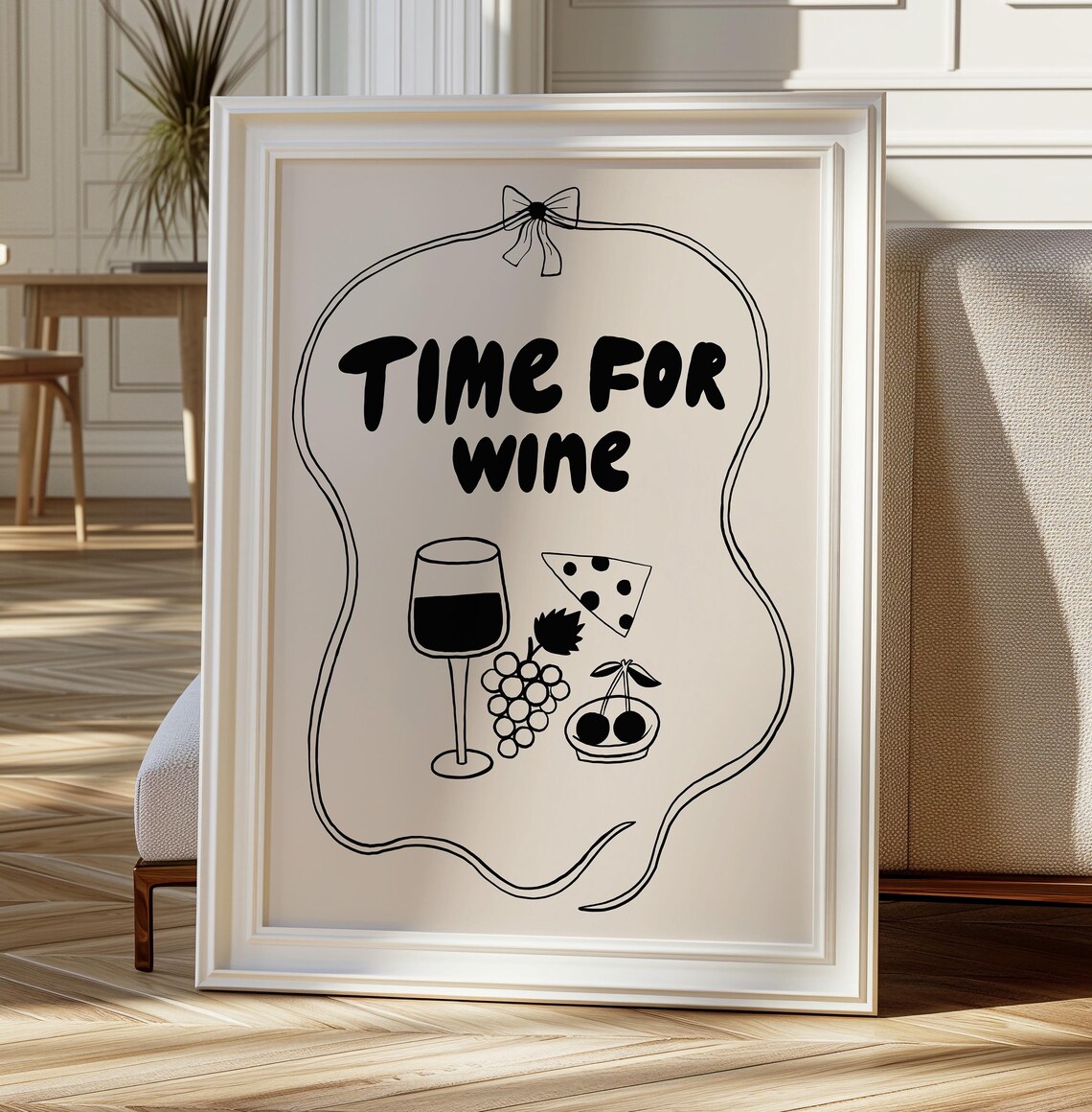 Hand Drawn Time for Wine With Cheese and Grapes Doodle Kitchen Poster - Image 4