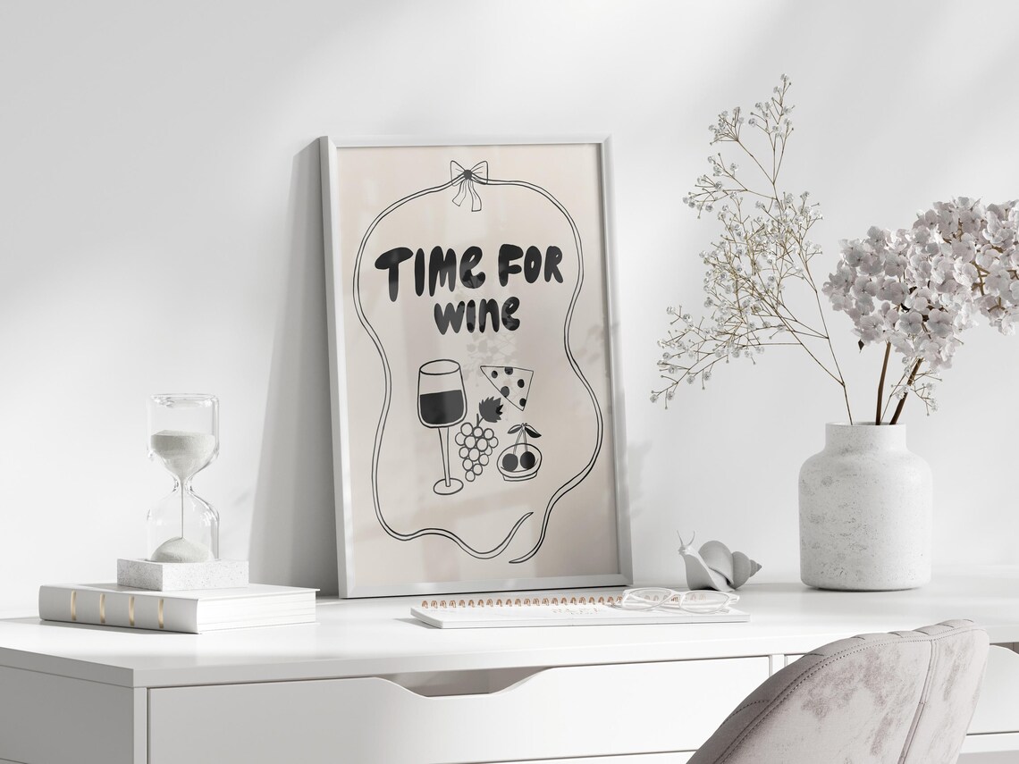 Hand Drawn Time for Wine With Cheese and Grapes Doodle Kitchen Poster - Image 3