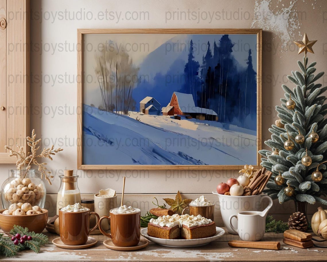 Blue Winter Village Red Barn Snowy Evening Watercolor Landscape Poster