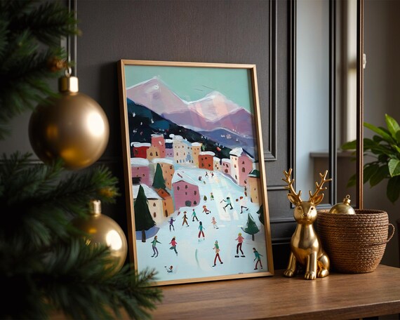 Colorful Ice Skaters Winter Village Snowy Mountain Town Poster