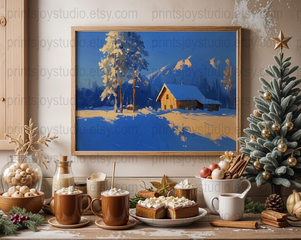 Snowy Mountain Cabin Blue Winter Oil Painting Landscape Wall Art