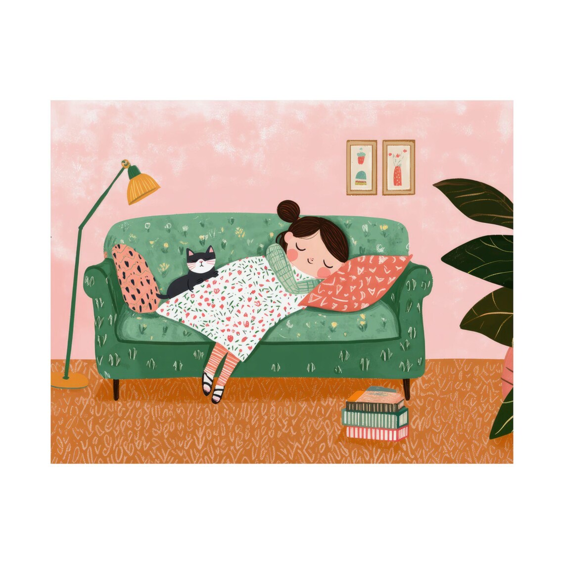 Sleeping Girl With Black Cat on Green Sofa Cozy Illustration Poster - Image 3