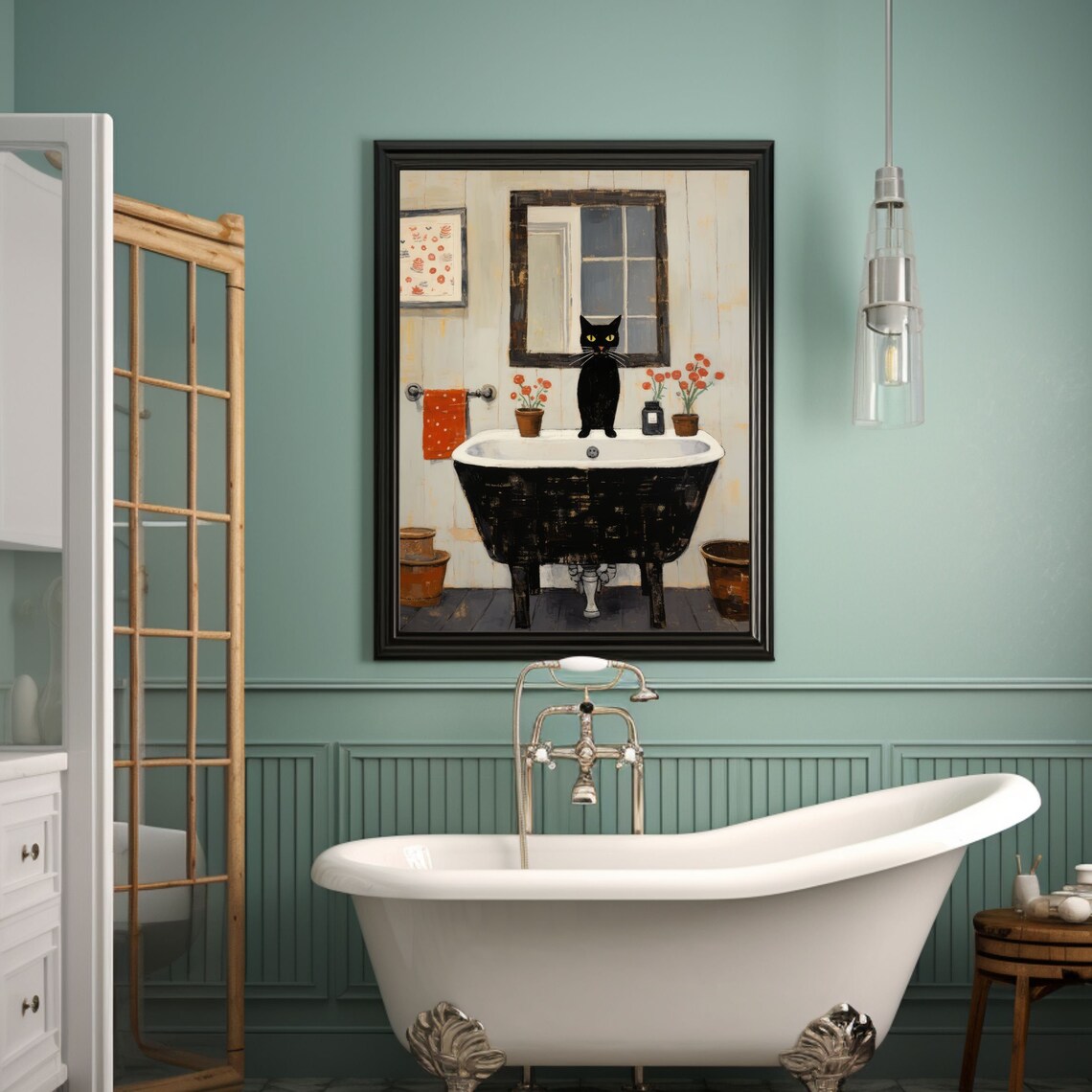 Black Cat Painting Poster, Bathroom Wall Decor