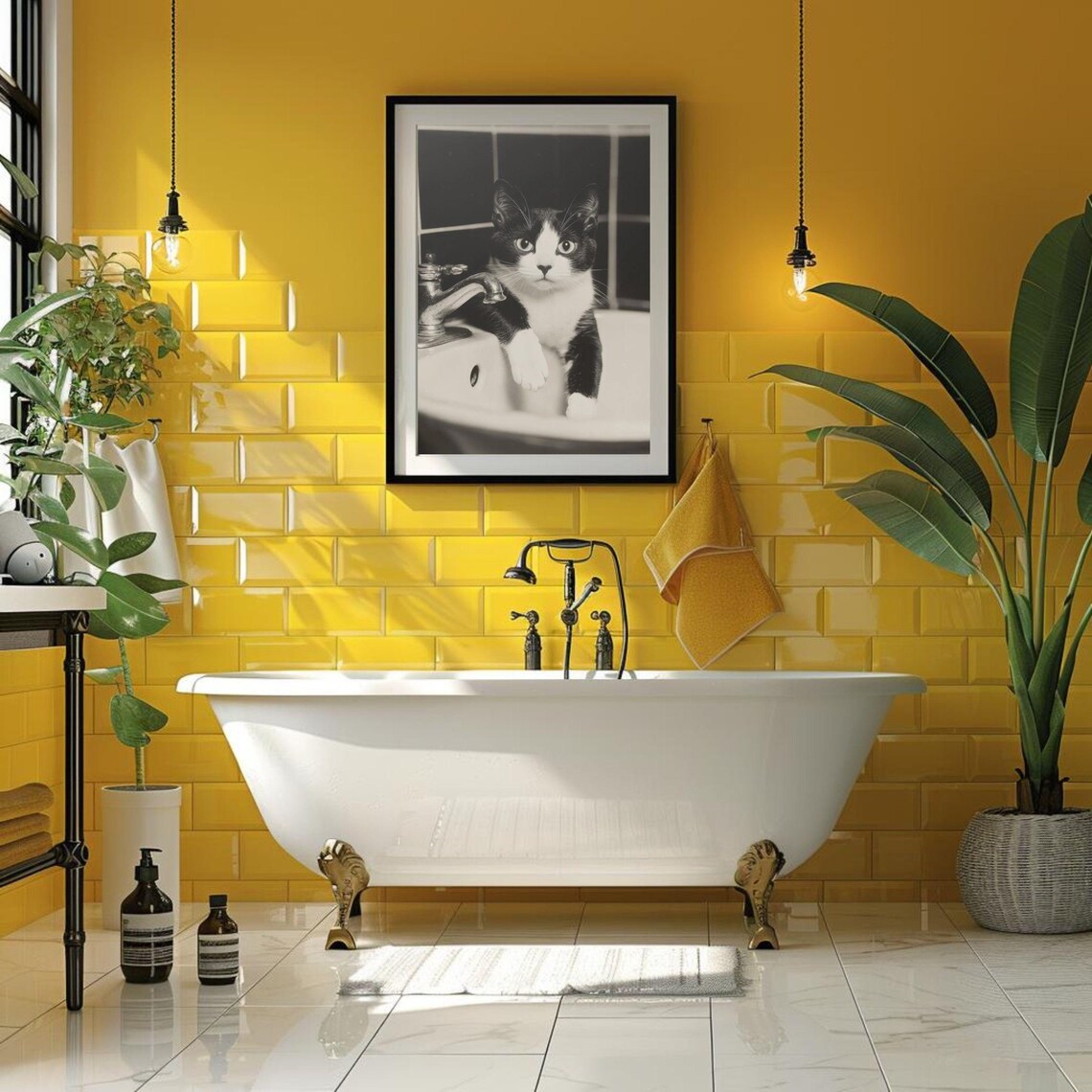 Black and White Tuxedo Cat Sitting in a Sink Funny Photo Poster