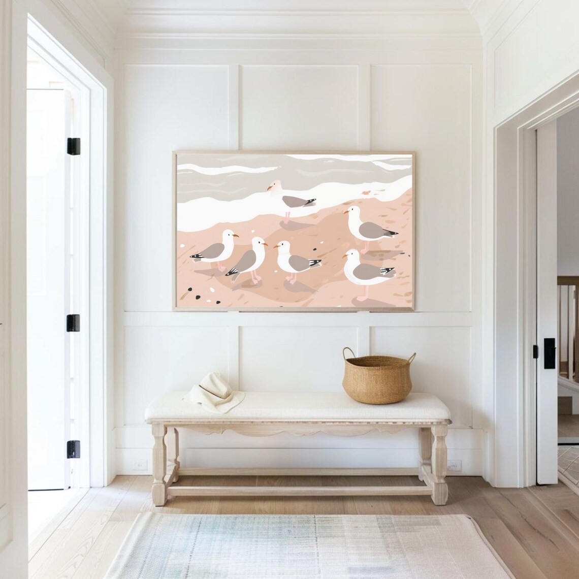 Cute Seagulls on a Blush Pink Beach Coastal Illustration Poster