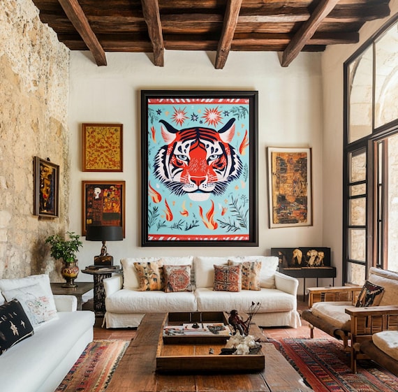 Vibrant Folk Art Tiger Head Poster Boho Turquoise Jungle Decor Art
