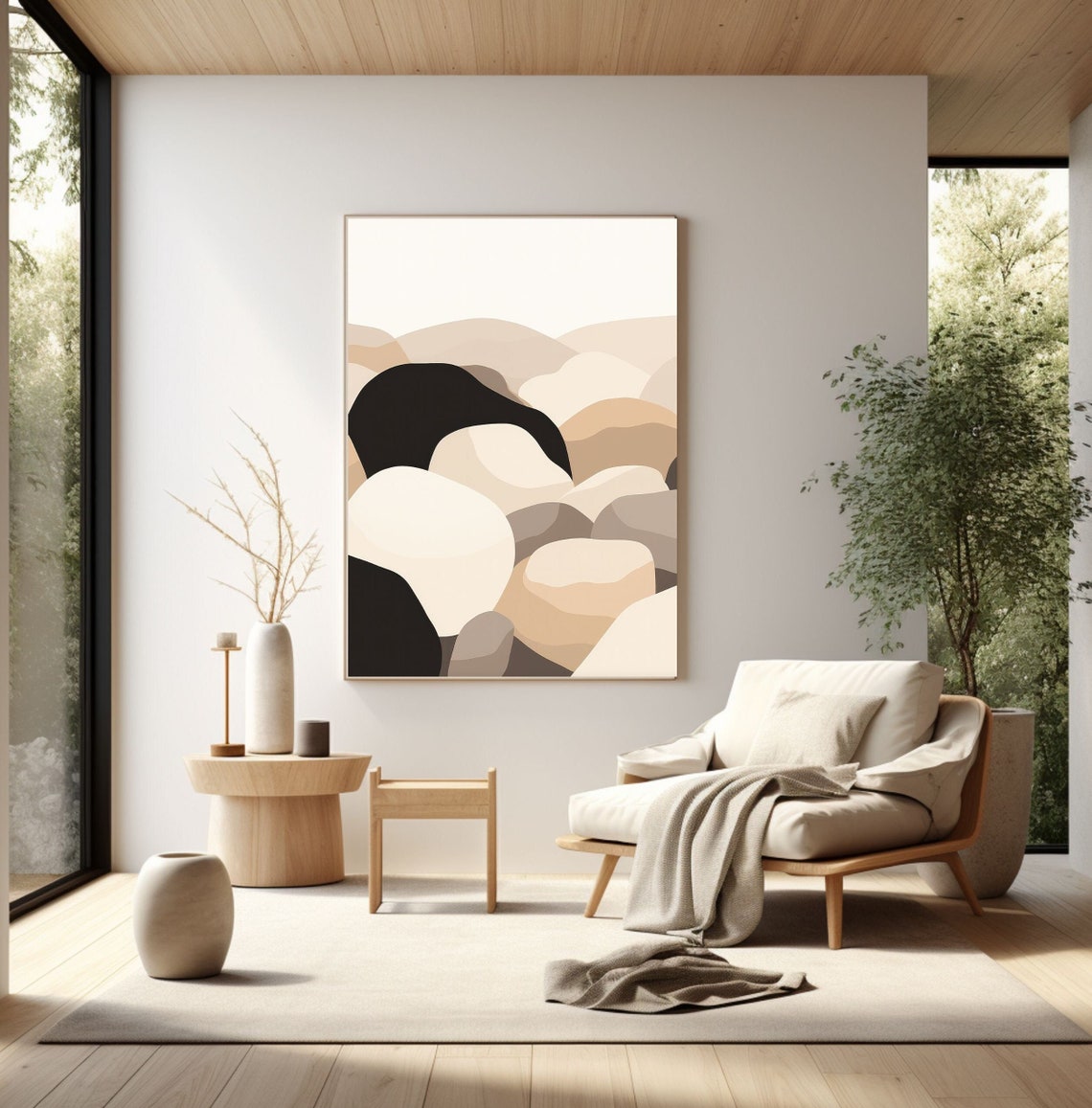 Japandi Minimal Abstract Smooth Rocks Neutral Tones Wall Art