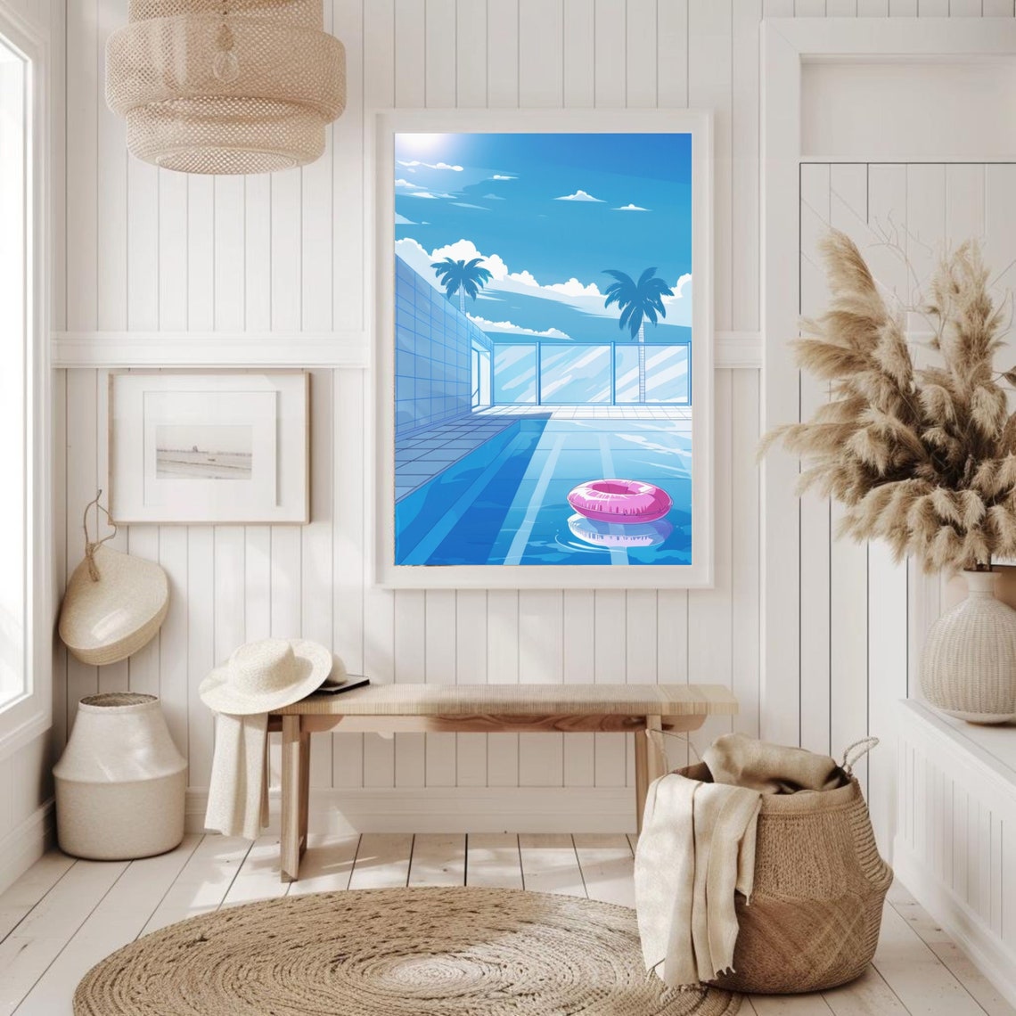 Blue Tiled Swimming Pool Pink Ring Float Tropical Art Poster