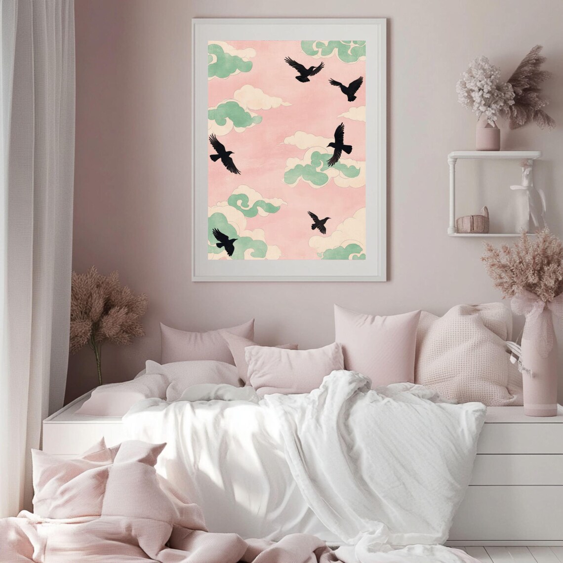 Birds In Pink Sky With Mint Green Clouds Retro Japanese Poster