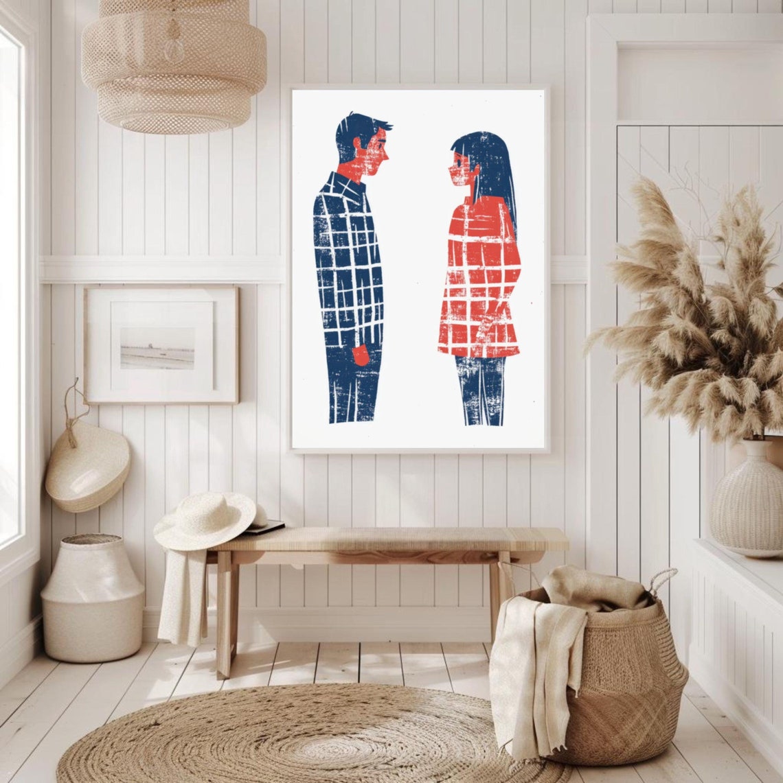 Minimalist Red and Blue Couple Facing Each Other in Profile Art Poster