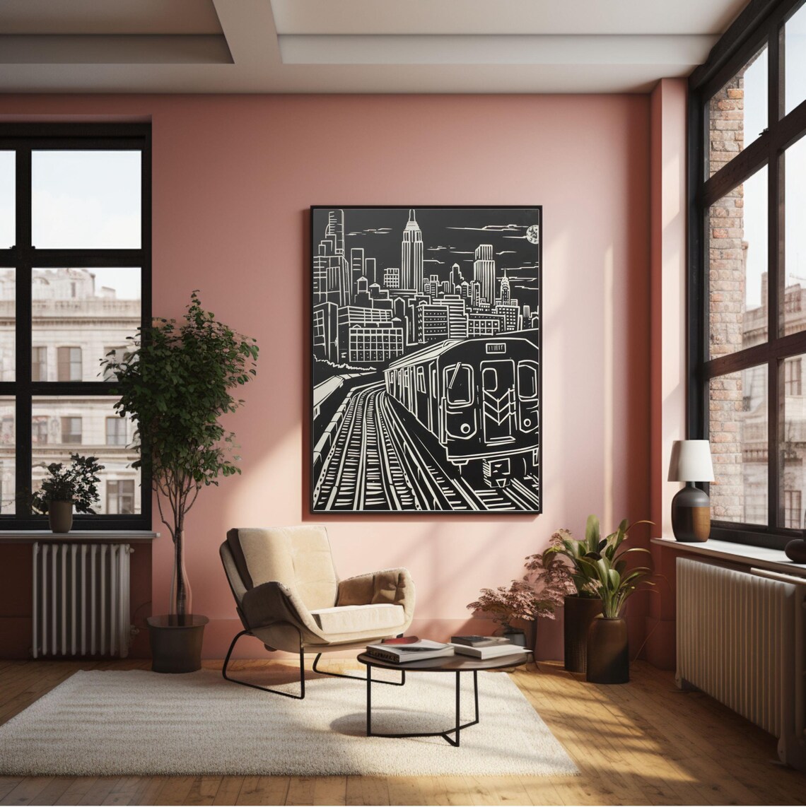 New York Subway Poster, Black And White Night Art Print