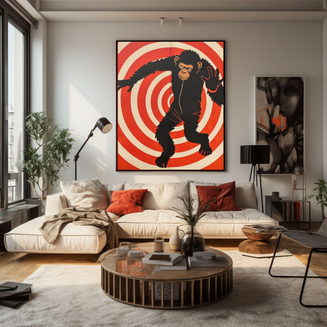 Vintage Retro Chimpanzee Leaping Before Red Spiral Op Art Poster