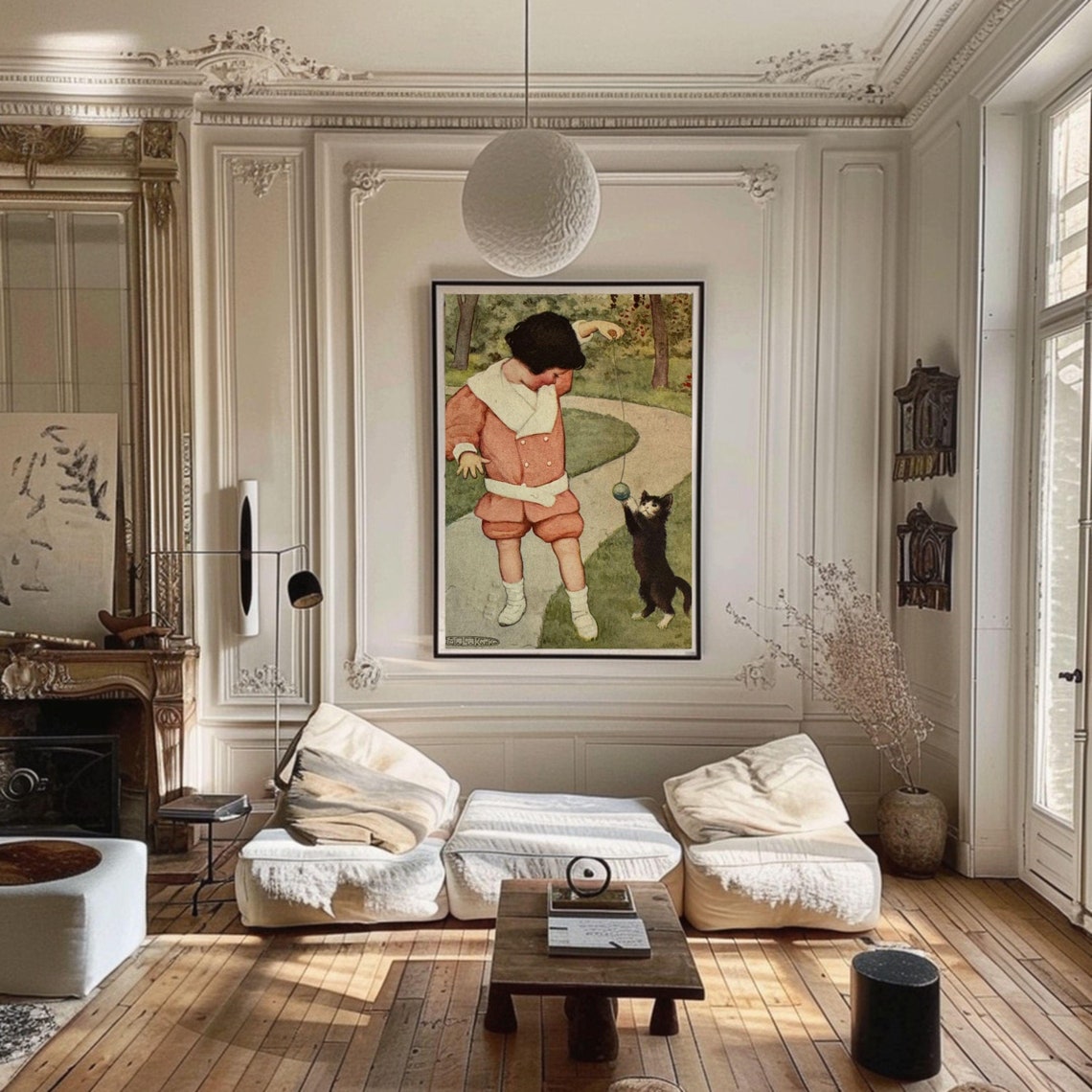 Vintage Child Playing With Black Cat Illustration Antique Park Poster