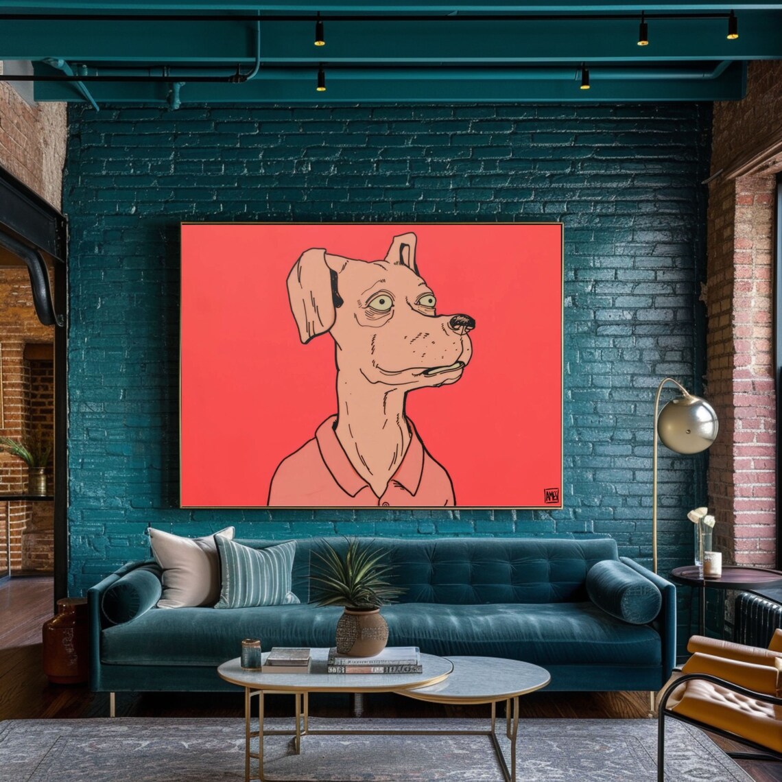 Dog Wearing a Polo Shirt Quirky Line Art Portrait on Red Wall Poster