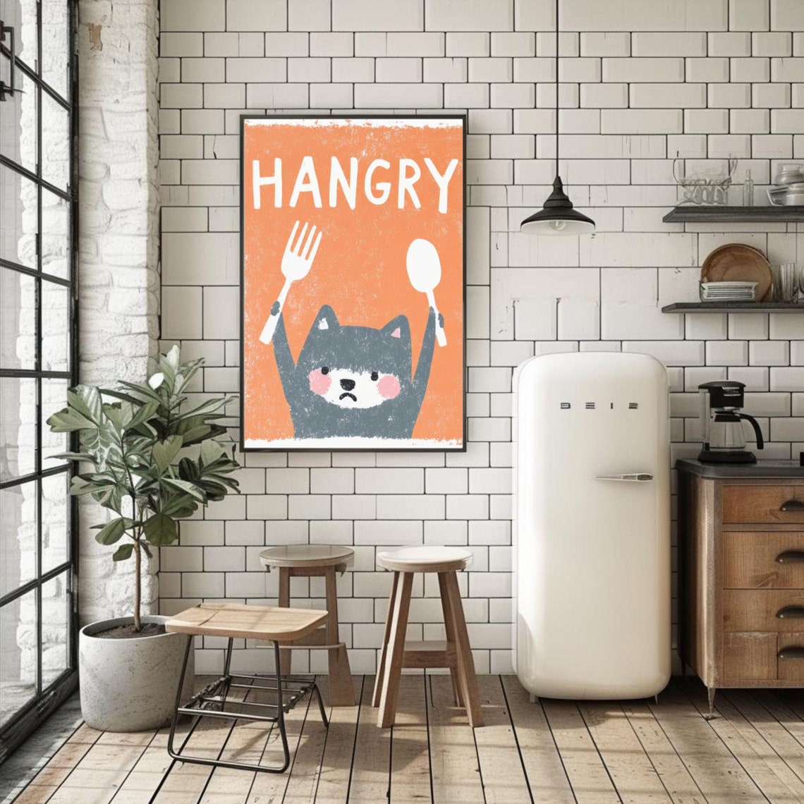 Funny Hangry Cat Kitchen Poster Cute Orange Cat With Fork And Spoon