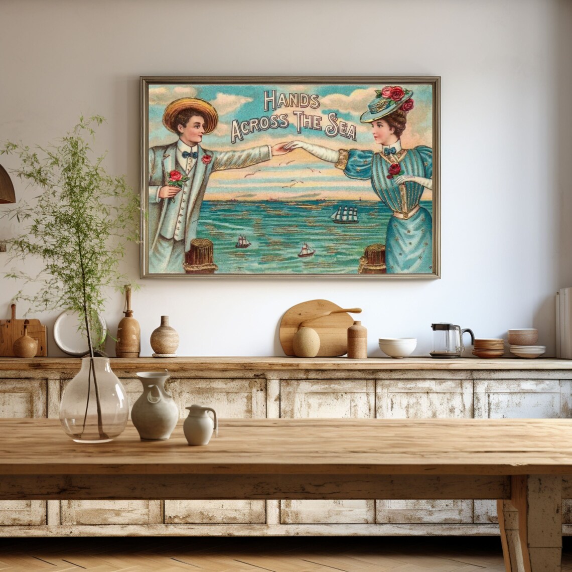 Hands Across The Sea Vintage Romantic Couple Antique Sea Poster