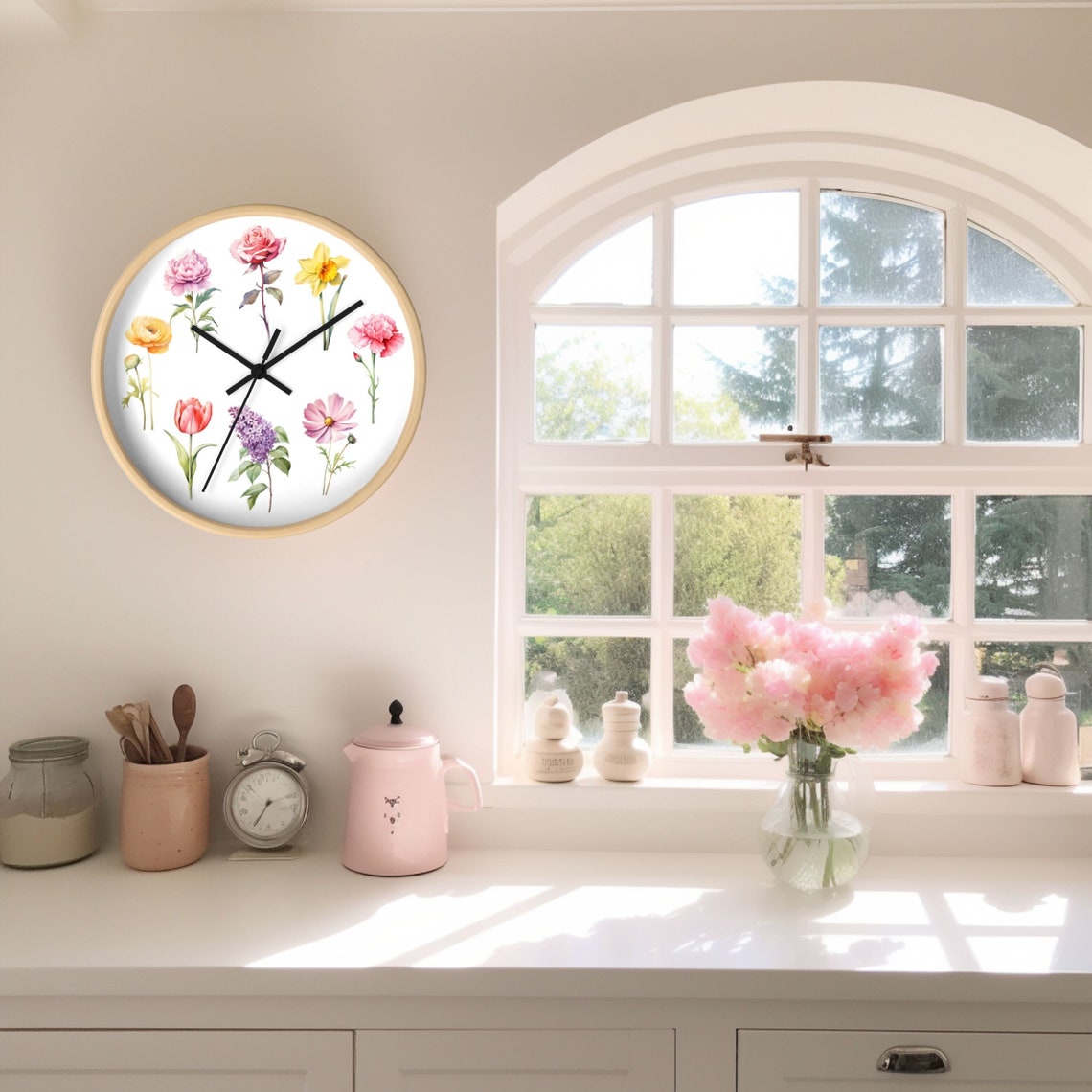 Watercolor Floral Botanical Round Wall Clock Kitchen Wall Art