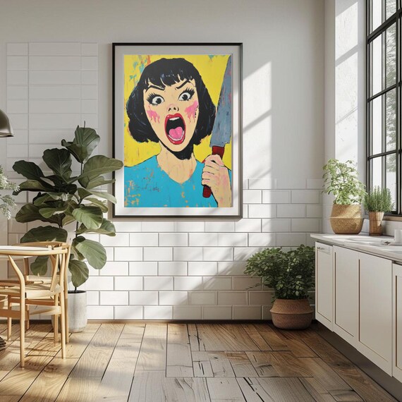 Dinner Is Served Original Artwork By Anastasia Ames Reproduction Print Girl With A Knife Wall Art Kitchen Decor Funny Knife Crazy Woman