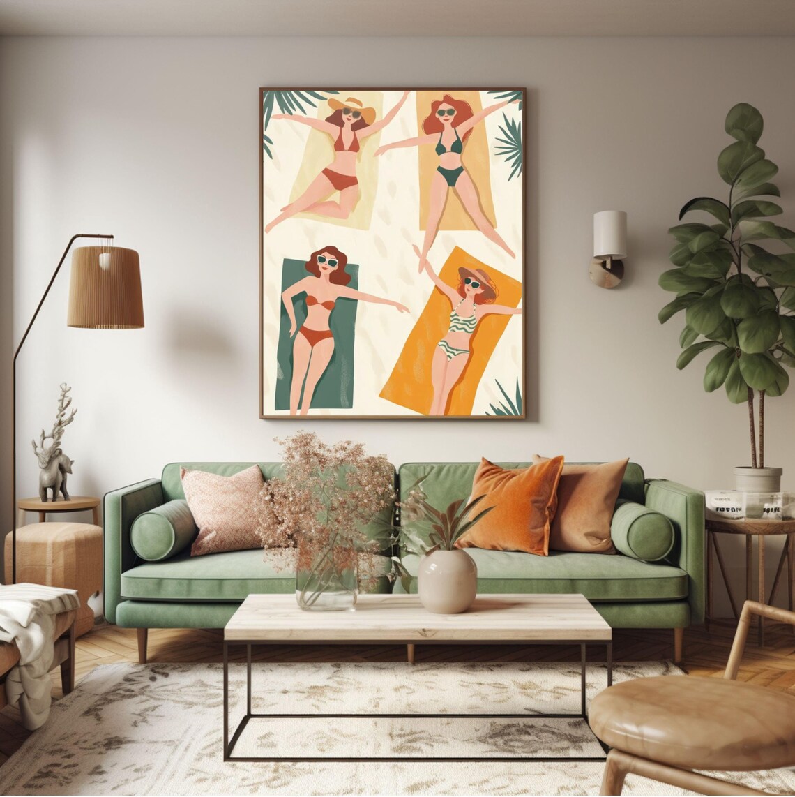 Girls Sunbathing On Beach Summer Swimsuit Illustration Wall Poster