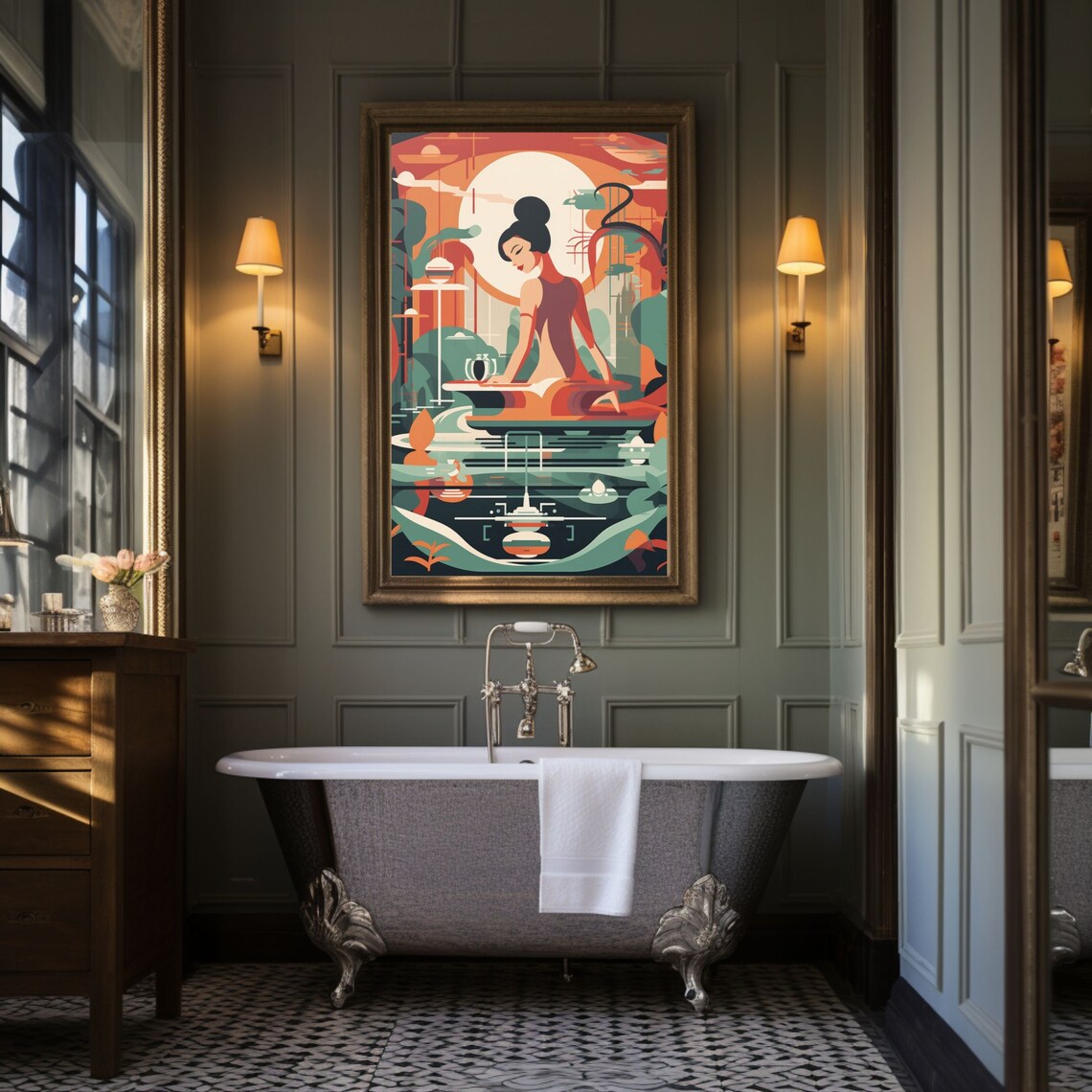 Art Deco Woman At Spa Retreat Colorful Bath Scene Art Poster