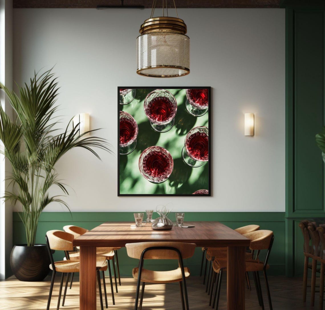 Red Wine Glasses From Above on Green Sunlit Table Photo Art Poster