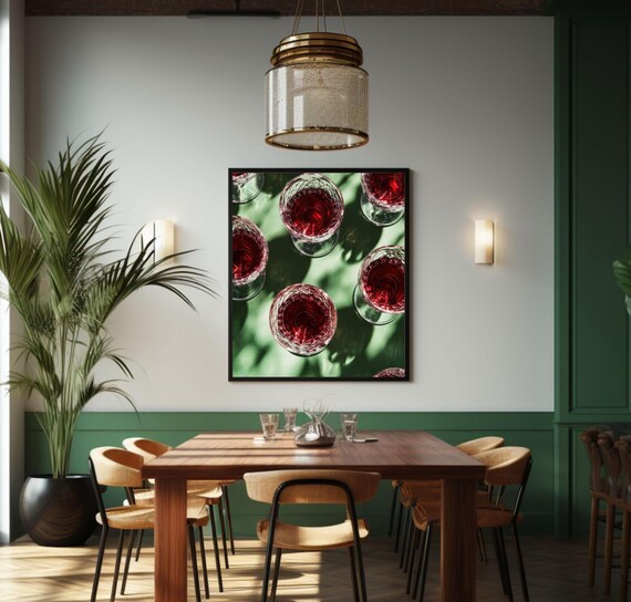 Red Wine Glasses From Above on Green Sunlit Table Photo Art Poster