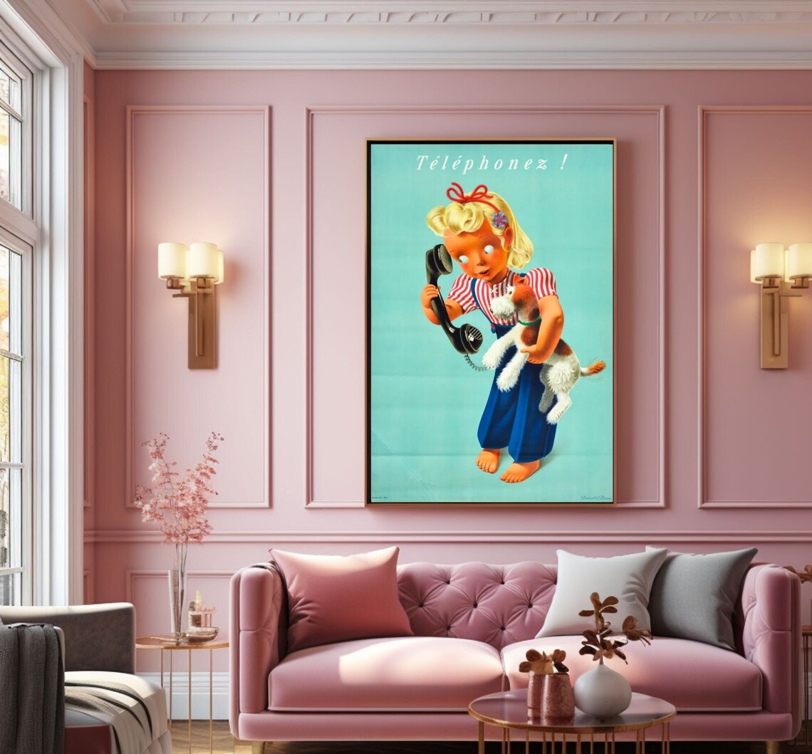 Téléphonez Vintage French Girl With Phone And Dog Art Poster
