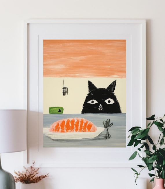 Funny Black Cat Drooling Over a Plate of Salmon Sushi Art Poster