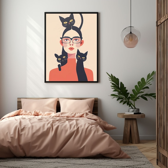 Chic Woman With Glasses Surrounded by Three Black Cats Poster