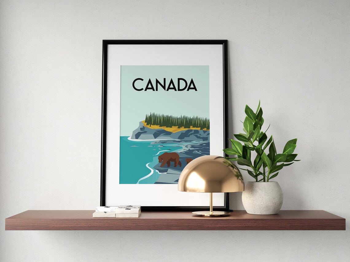 Canada Grizzly Bears Rocky Shore Lake Wildlife Nature Poster - Image 3