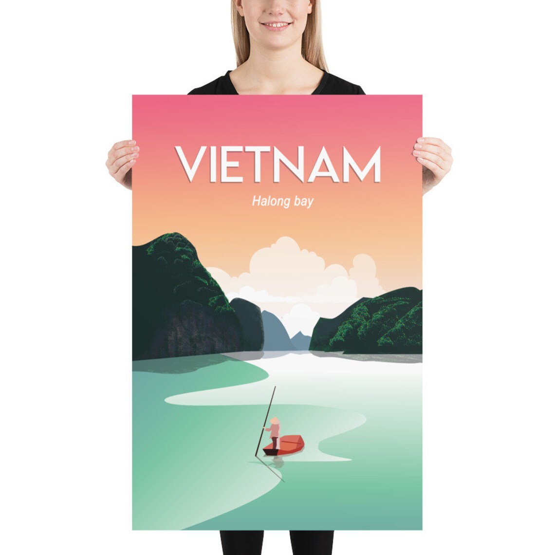 Vietnam Halong Bay Travel Poster Sunset Cliffs Fishing Boat Scene - Image 2