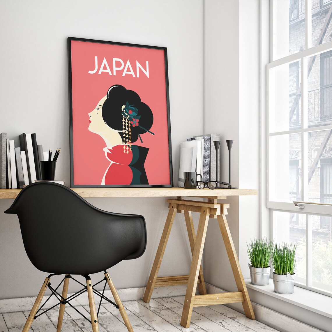 Japan Geisha Portrait Elegant Red Profile Vintage Travel Poster - Image 2