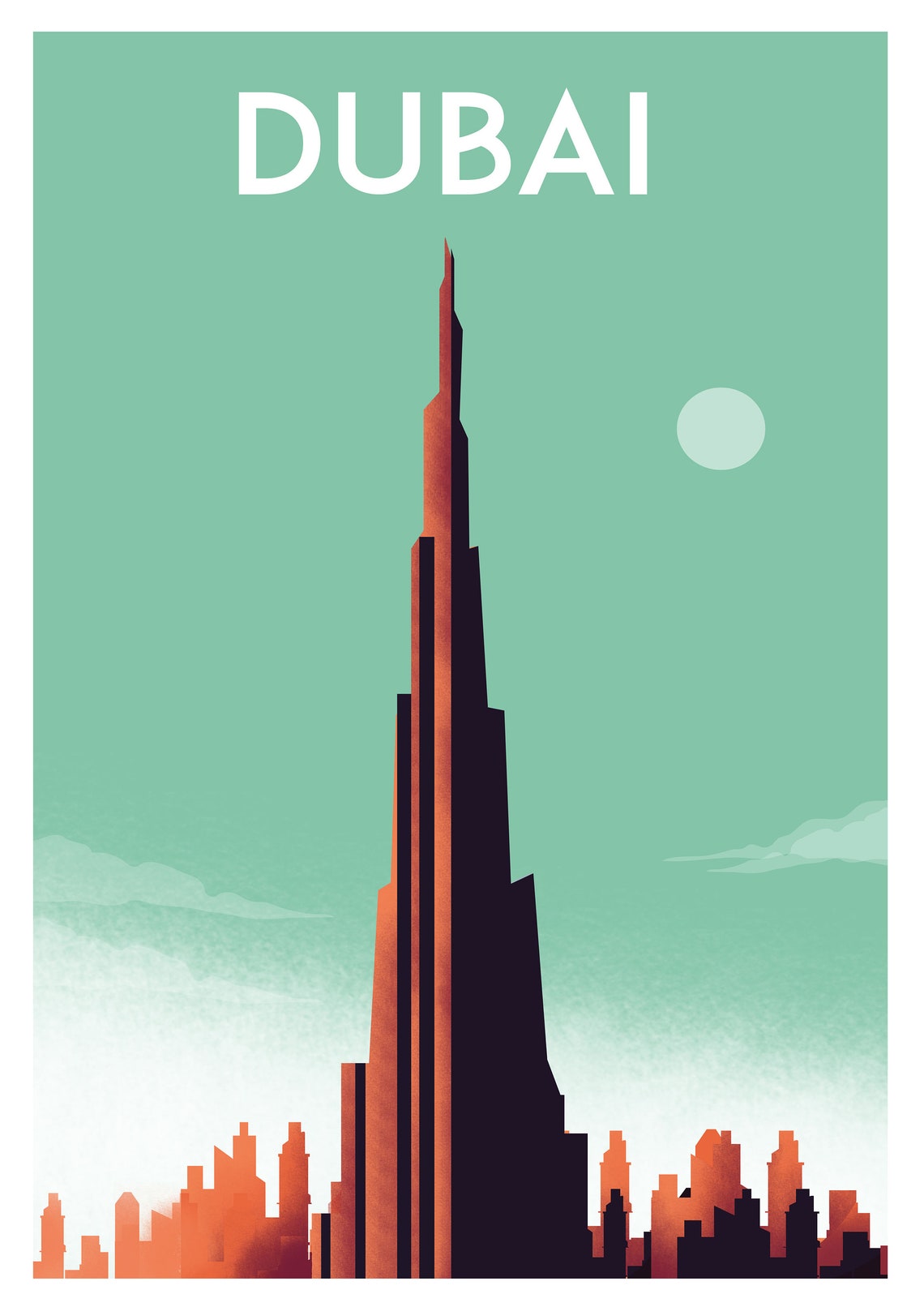 Dubai UAE Burj Khalifa Skyline Retro Mint Green Travel Poster - Image 2