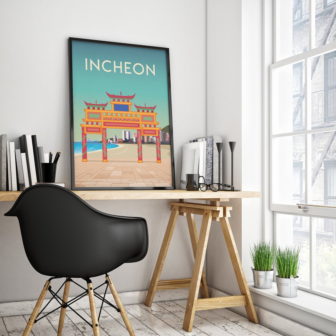 Incheon Korea Travel Poster Traditional Gate Waterfront Scene - Image 4